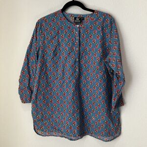 Madison Mathews Button Pop Over Side Slit Boho Print Cotton Country Blue sz L